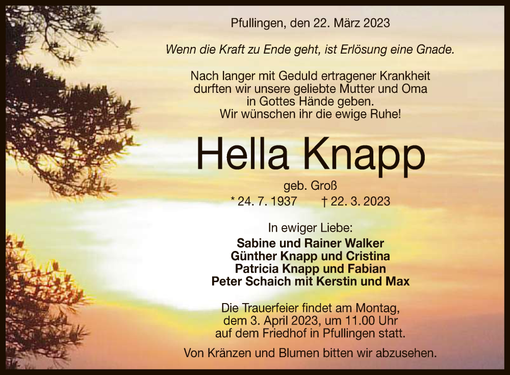  Traueranzeige für Hella Knapp vom 25.03.2023 aus Reutlinger General-Anzeiger
