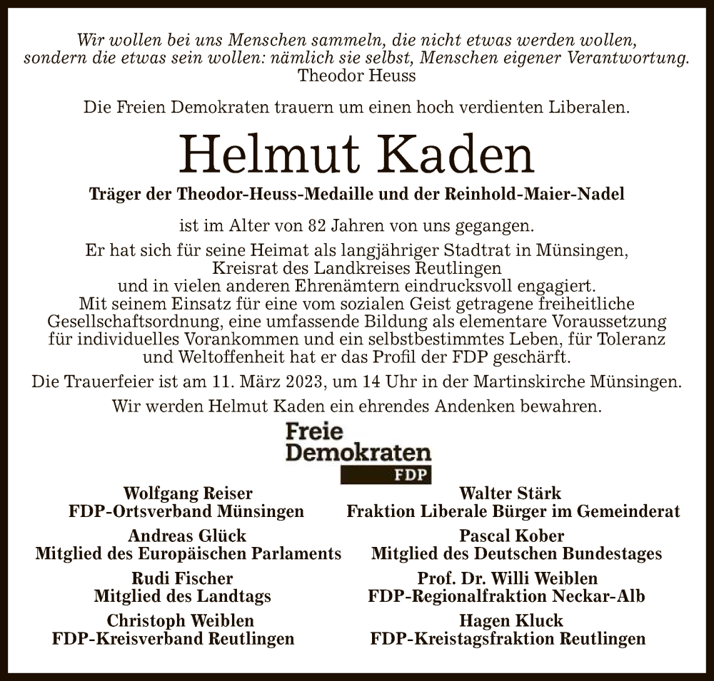  Traueranzeige für Helmut Kaden vom 04.03.2023 aus Reutlinger General-Anzeiger