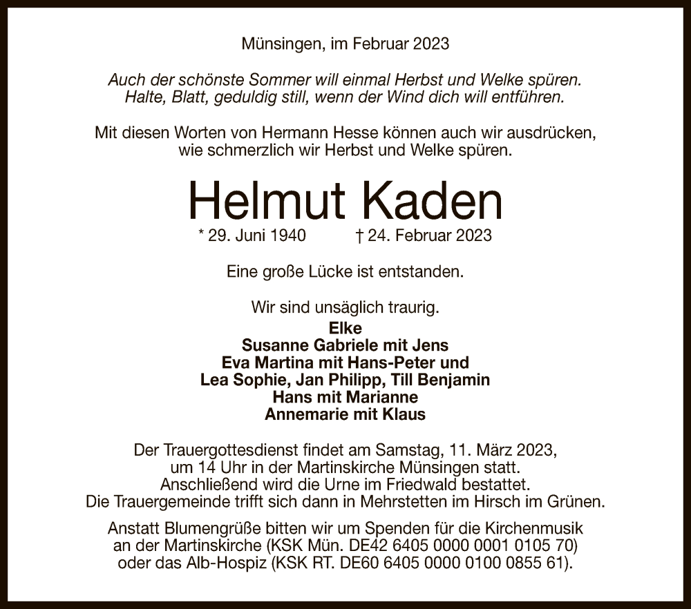  Traueranzeige für Helmut Kaden vom 02.03.2023 aus Reutlinger General-Anzeiger