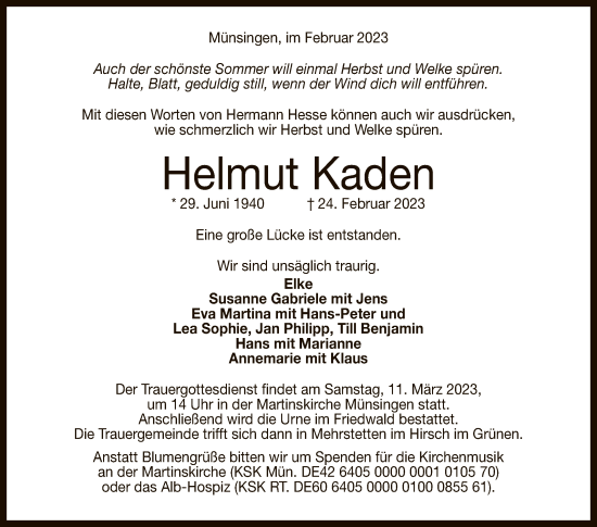 Anzeige von Helmut Kaden von Reutlinger General-Anzeiger