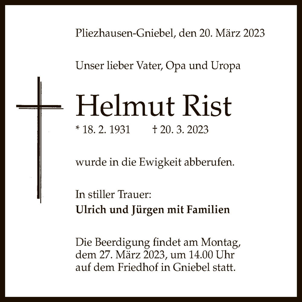  Traueranzeige für Helmut Rist vom 24.03.2023 aus Reutlinger General-Anzeiger