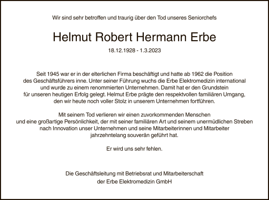 Anzeige von Helmut Robert Hermann Erbe von Reutlinger General-Anzeiger