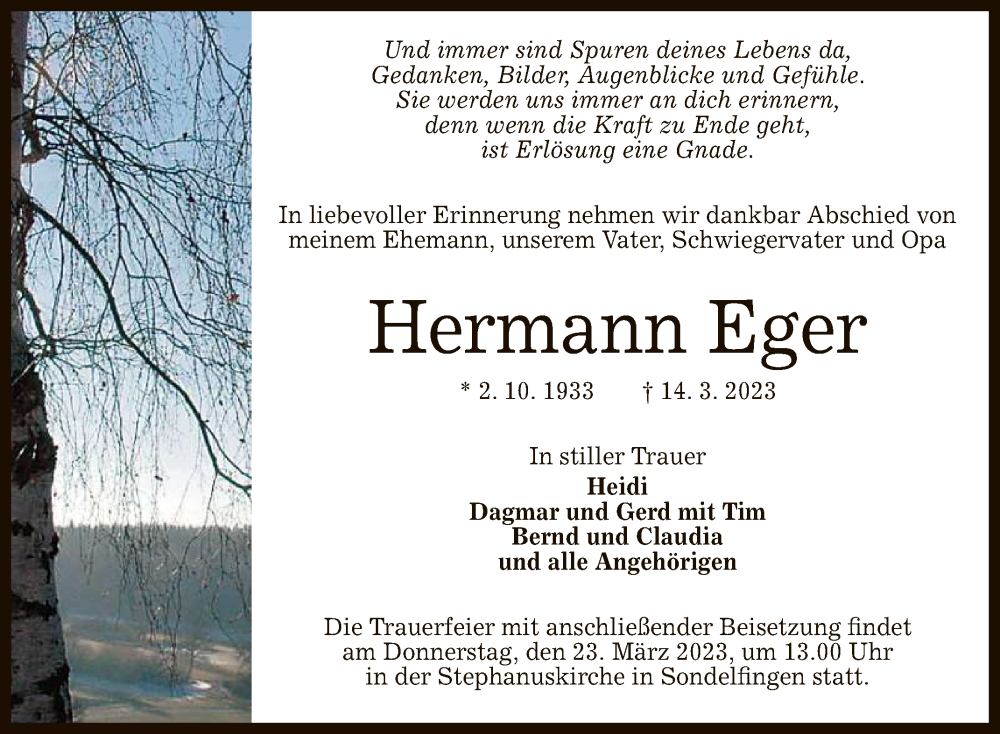  Traueranzeige für Hermann Eger vom 18.03.2023 aus Reutlinger General-Anzeiger