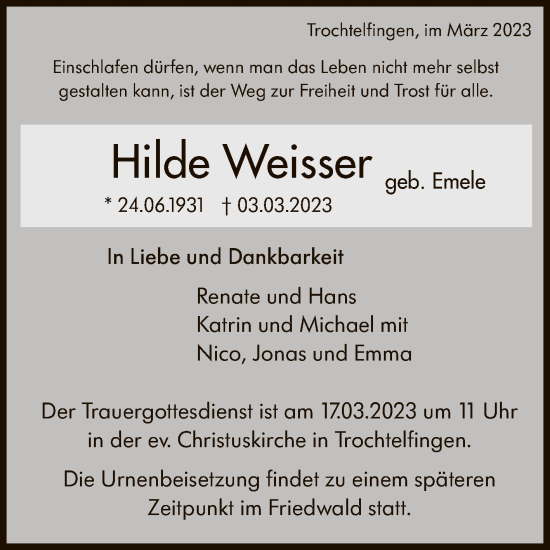 Anzeige von Hilde Weisser von Reutlinger General-Anzeiger