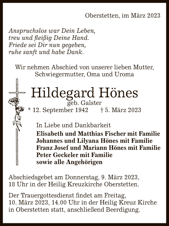 Anzeige von Hildegard Hönes von Reutlinger General-Anzeiger