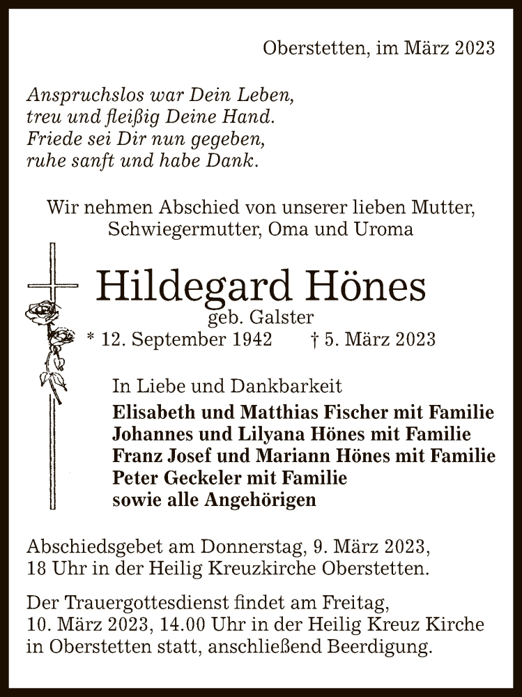  Traueranzeige für Hildegard Hönes vom 08.03.2023 aus Reutlinger General-Anzeiger