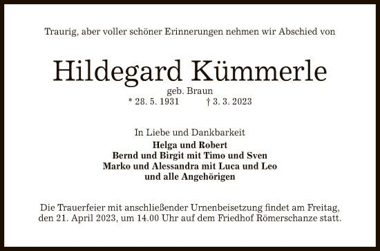 Anzeige von Hildegard Kümmerle von Reutlinger General-Anzeiger