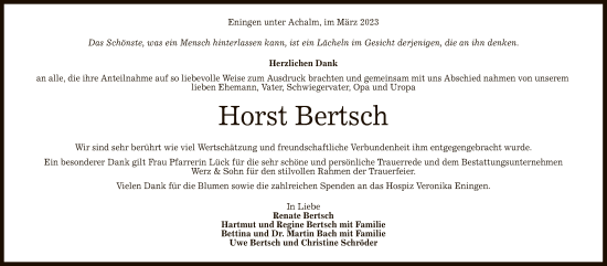 Anzeige von Horst Bertsch von Reutlinger General-Anzeiger