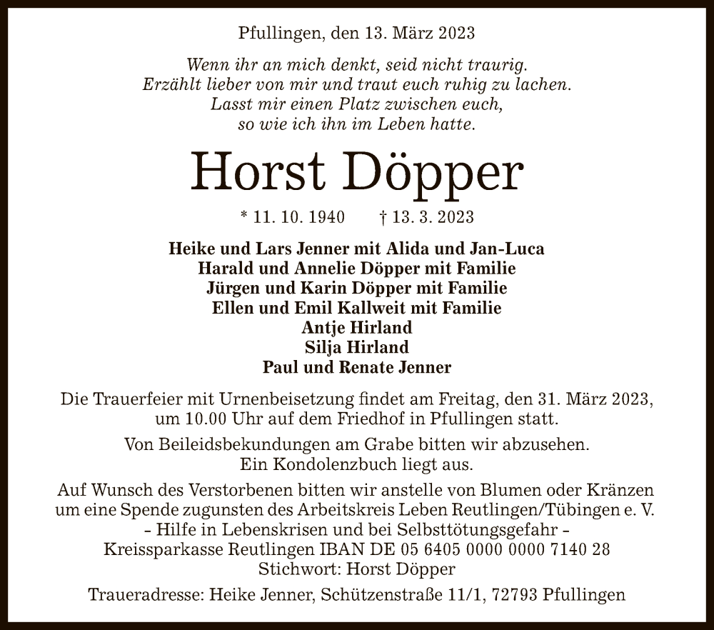  Traueranzeige für Horst Döpper vom 18.03.2023 aus Reutlinger General-Anzeiger