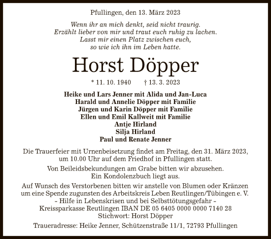 Anzeige von Horst Döpper von Reutlinger General-Anzeiger
