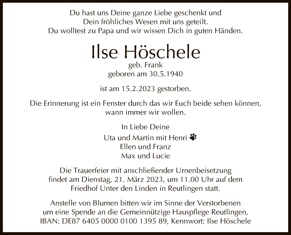  Traueranzeige für Ilse Höschele vom 11.03.2023 aus Reutlinger General-Anzeiger