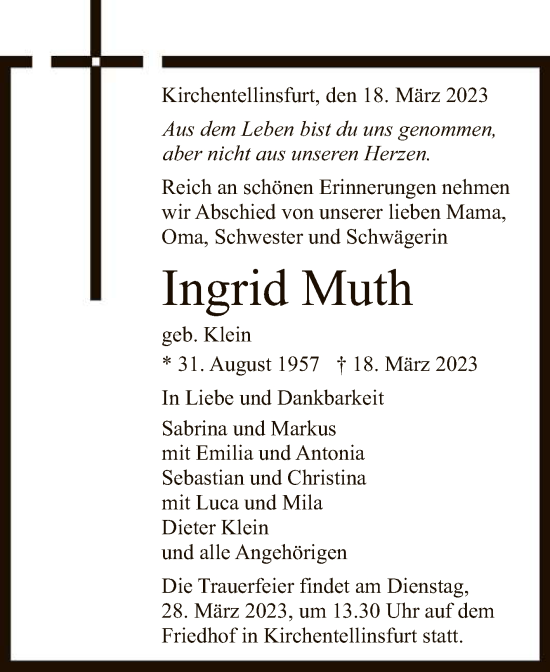 Anzeige von Ingrid Muth von Reutlinger General-Anzeiger