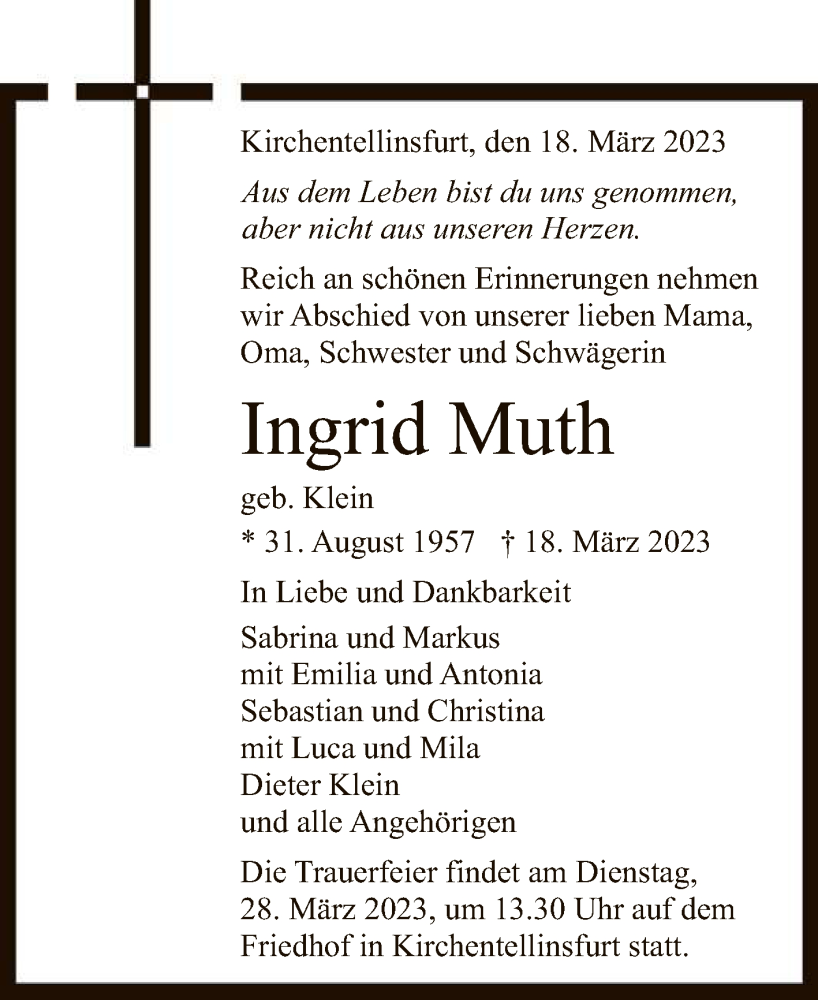  Traueranzeige für Ingrid Muth vom 25.03.2023 aus Reutlinger General-Anzeiger