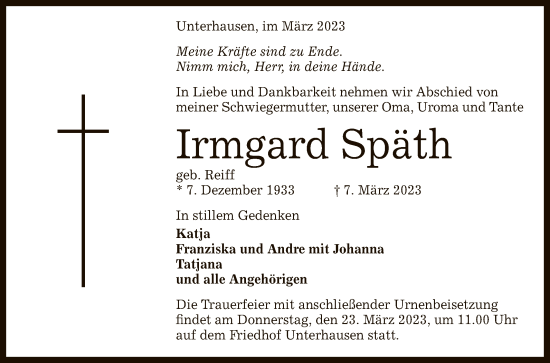 Anzeige von Irmgard Späth von Reutlinger General-Anzeiger