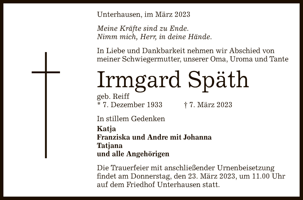  Traueranzeige für Irmgard Späth vom 20.03.2023 aus Reutlinger General-Anzeiger