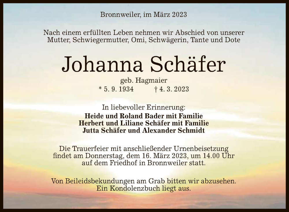  Traueranzeige für Johanna Schäfer vom 11.03.2023 aus Reutlinger General-Anzeiger