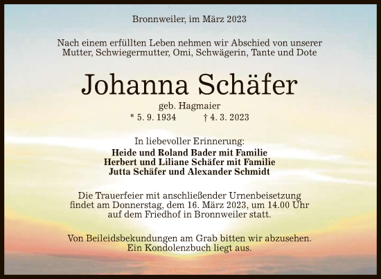Anzeige von Johanna Schäfer von Reutlinger General-Anzeiger