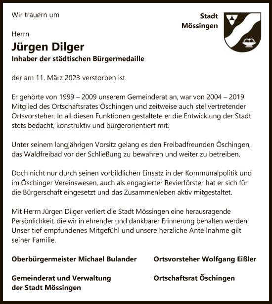 Anzeige von Jürgen Dilger von Reutlinger General-Anzeiger