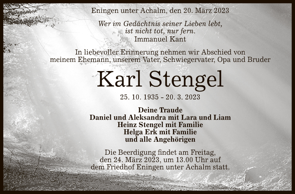  Traueranzeige für Karl Stengel vom 22.03.2023 aus Reutlinger General-Anzeiger