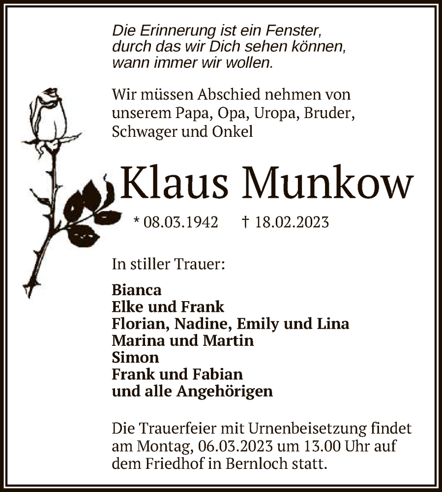  Traueranzeige für Klaus Munkow vom 01.03.2023 aus Reutlinger General-Anzeiger