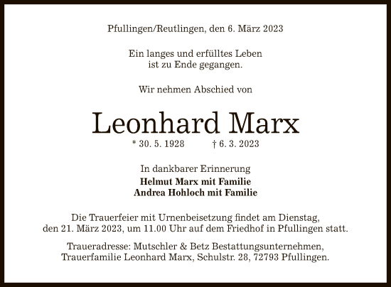 Anzeige von Leonhard Marx von Reutlinger General-Anzeiger
