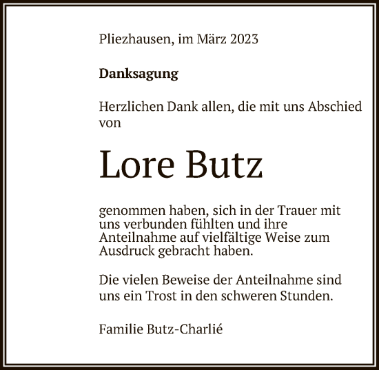 Anzeige von Lore Butz von Reutlinger General-Anzeiger