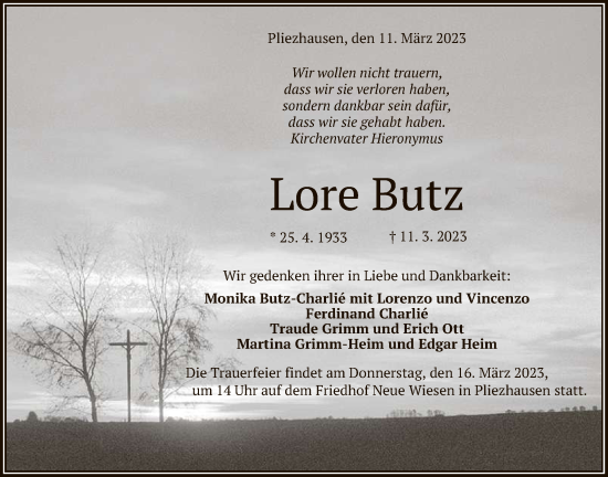 Anzeige von Lore Butz von Reutlinger General-Anzeiger