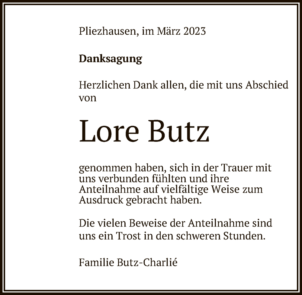  Traueranzeige für Lore Butz vom 30.03.2023 aus Reutlinger General-Anzeiger