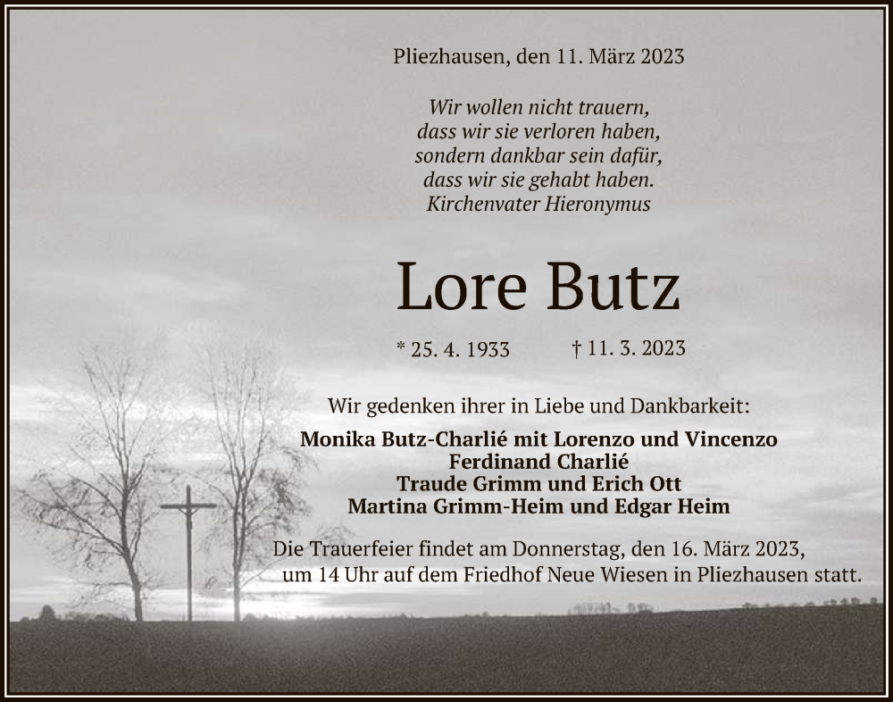  Traueranzeige für Lore Butz vom 15.03.2023 aus Reutlinger General-Anzeiger