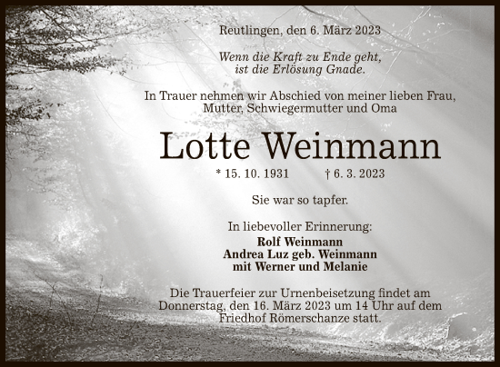 Anzeige von Lotte Weinmann von Reutlinger General-Anzeiger