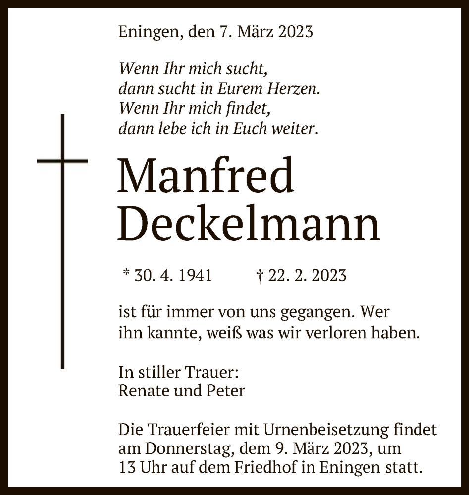  Traueranzeige für Manfred Deckelmann vom 07.03.2023 aus Reutlinger General-Anzeiger