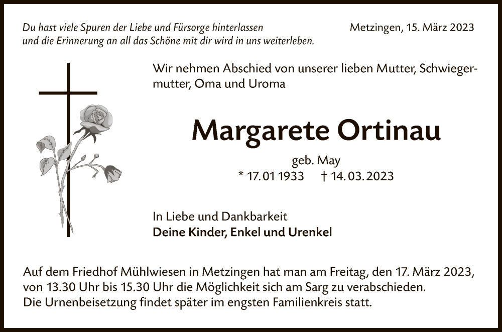  Traueranzeige für Margarete Ortinau vom 15.03.2023 aus Reutlinger General-Anzeiger