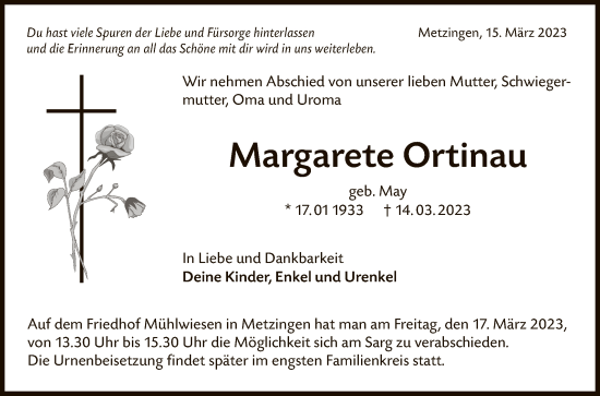 Anzeige von Margarete Ortinau von Reutlinger General-Anzeiger