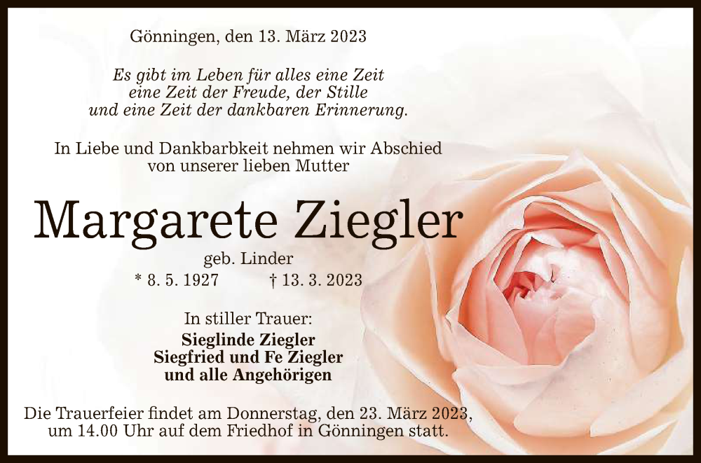  Traueranzeige für Margarete Ziegler vom 20.03.2023 aus Reutlinger General-Anzeiger