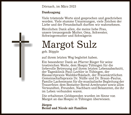 Anzeige von Margot Sulz von Reutlinger General-Anzeiger