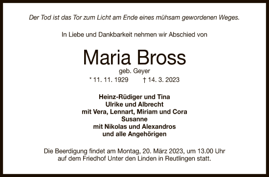 Anzeige von Maria Bross von Reutlinger General-Anzeiger