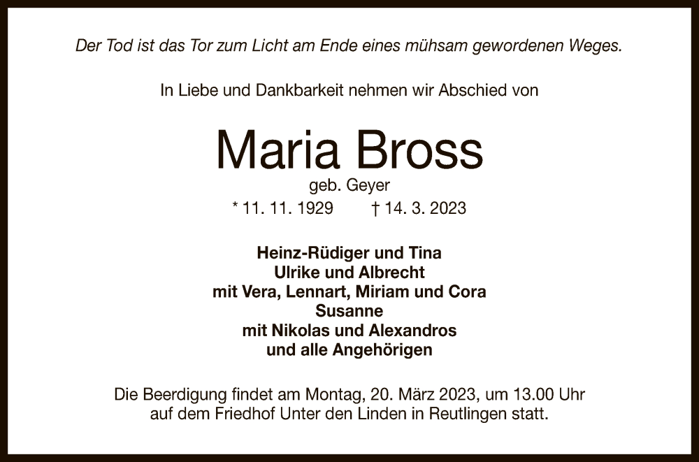  Traueranzeige für Maria Bross vom 16.03.2023 aus Reutlinger General-Anzeiger