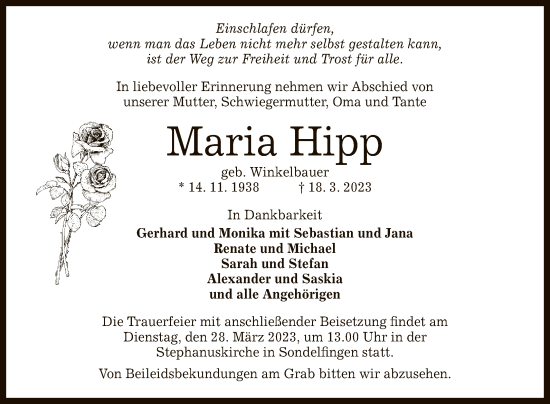 Anzeige von Maria Hipp von Reutlinger General-Anzeiger