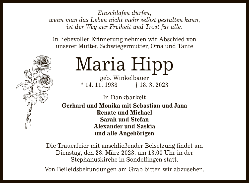  Traueranzeige für Maria Hipp vom 24.03.2023 aus Reutlinger General-Anzeiger