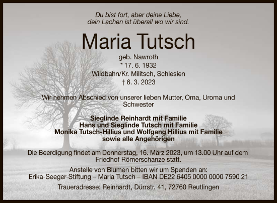 Anzeige von Maria Tutsch von Reutlinger General-Anzeiger