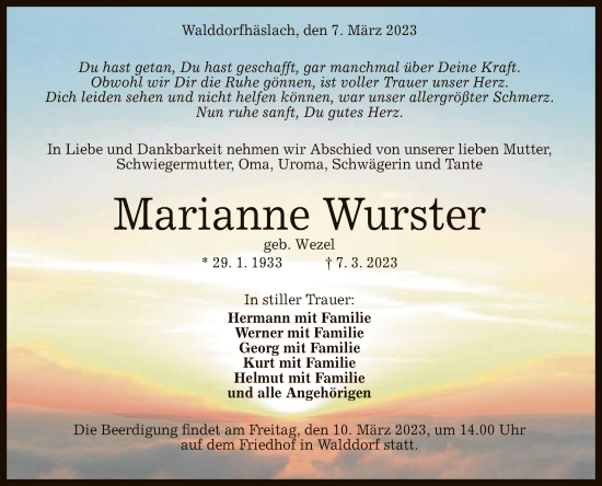 Anzeige von Marianne Wurster von Reutlinger General-Anzeiger