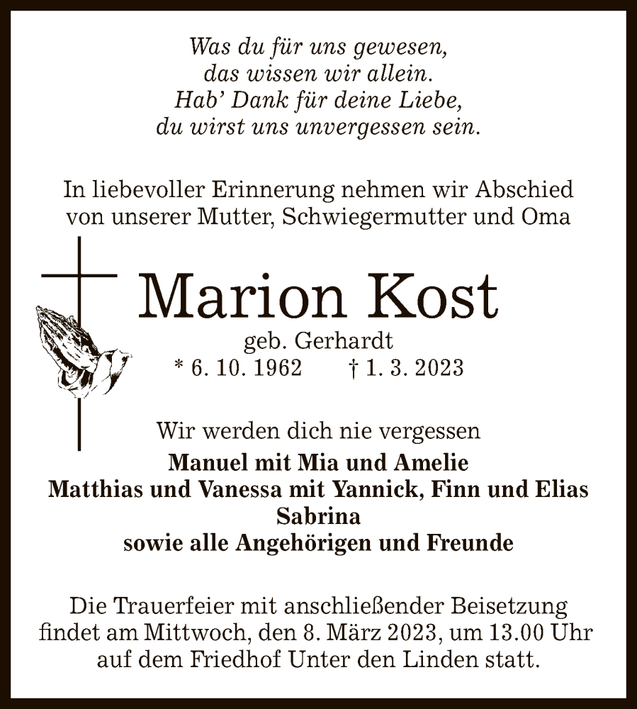  Traueranzeige für Marion Kost vom 04.03.2023 aus Reutlinger General-Anzeiger