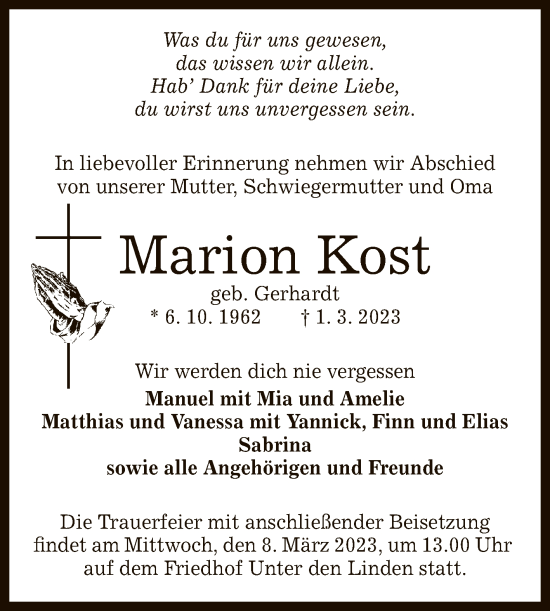 Anzeige von Marion Kost von Reutlinger General-Anzeiger