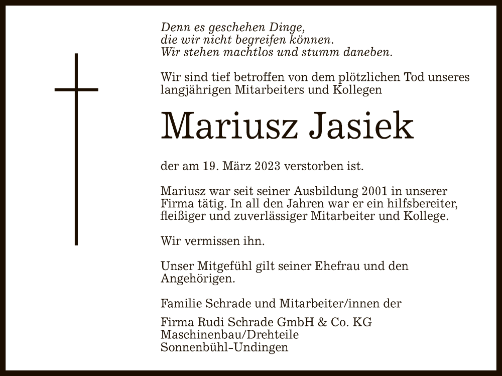  Traueranzeige für Mariusz Jasiek vom 25.03.2023 aus Reutlinger General-Anzeiger