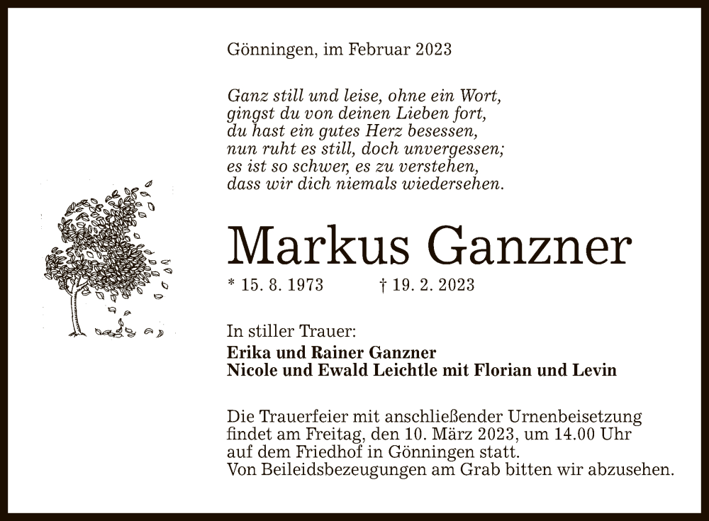  Traueranzeige für Markus Ganzner vom 04.03.2023 aus Reutlinger General-Anzeiger