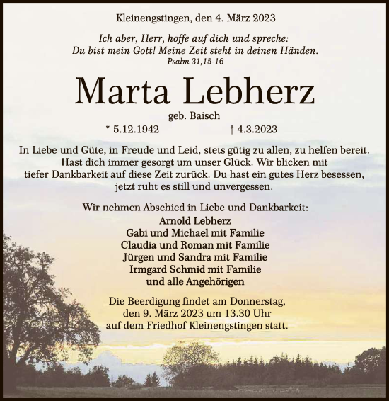 Anzeige von Marta Lebherz von Reutlinger General-Anzeiger