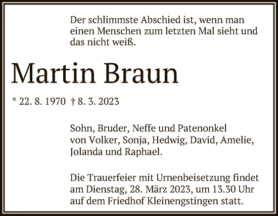 Anzeige von Martin Braun von Reutlinger General-Anzeiger