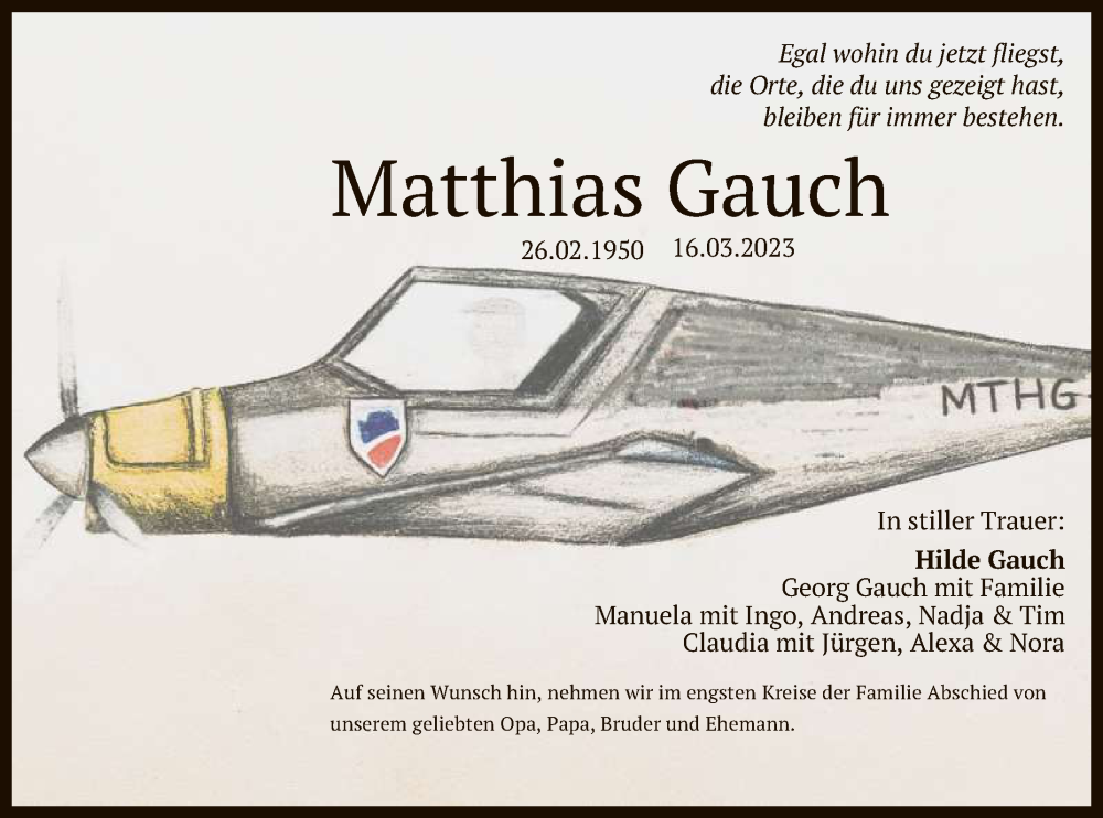  Traueranzeige für Matthias Gauch vom 18.03.2023 aus Reutlinger General-Anzeiger