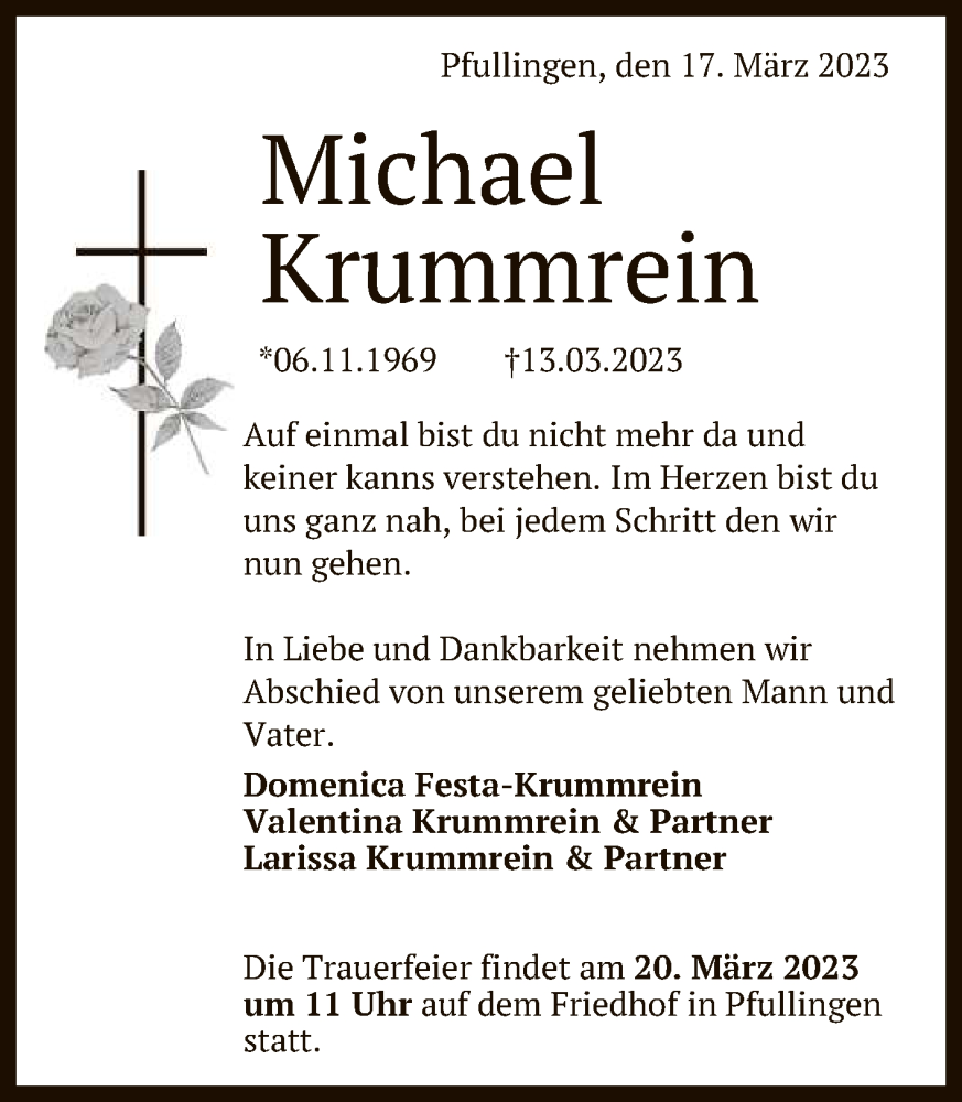 Traueranzeige für Michael Michael vom 17.03.2023 aus Reutlinger General-Anzeiger