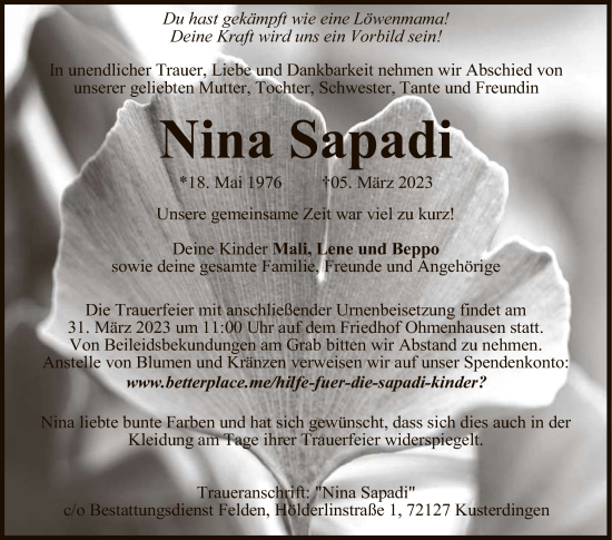 Anzeige von Nina Sapadi von Reutlinger General-Anzeiger